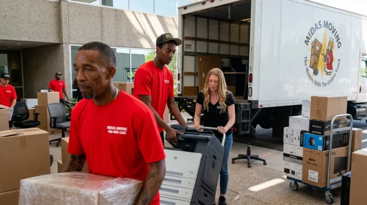 Midas Moving crew moving boxes and an office copier beside a moving truck during a commercial move in Gilbert, AZ