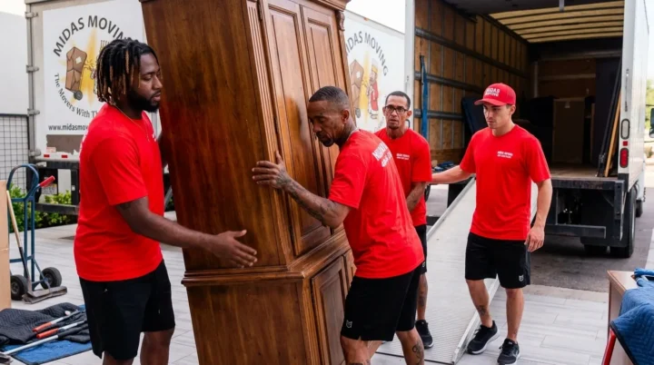 Midas Moving crew carrying a tall wooden cabinet beside a moving truck in Gilbert, AZ