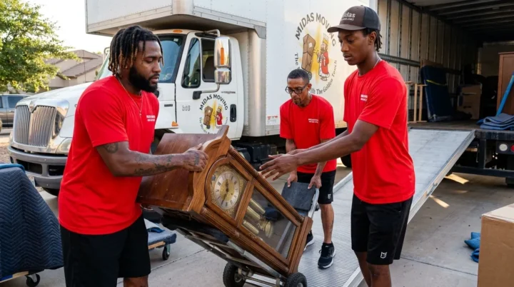 Midas Moving crew handling a wooden grandfather clock beside a moving truck in Gilbert, AZ