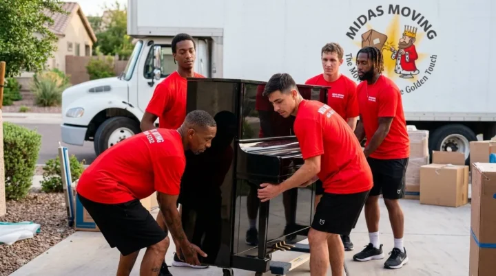 Midas Moving crew lifting a black upright piano beside a moving truck outside a home in Gilbert, AZ