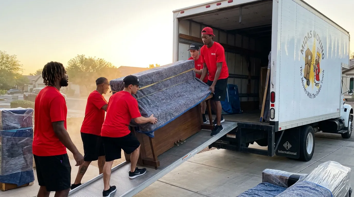 Midas Moving crew lifting a big upright piano beside a moving truck outside a home in Gilbert, AZ