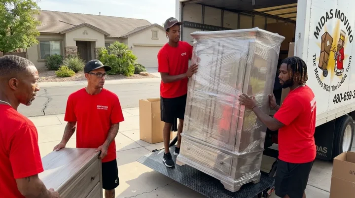 Midas Moving crew handling a stretch-wrapped cabinet on a moving truck’s liftgate outside a home in Gilbert, AZ