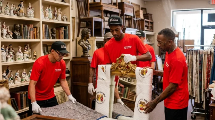 Midas Moving crew wearing white gloves and protecting an ornate gold-framed mirror with padding in Gilbert, AZ