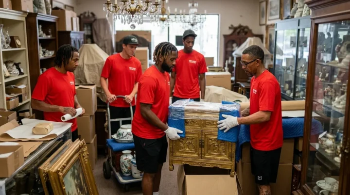 Midas Moving crew wearing white gloves and handling an ornate gold cabinet protected with padding and stretch wrap in Gilbert, AZ