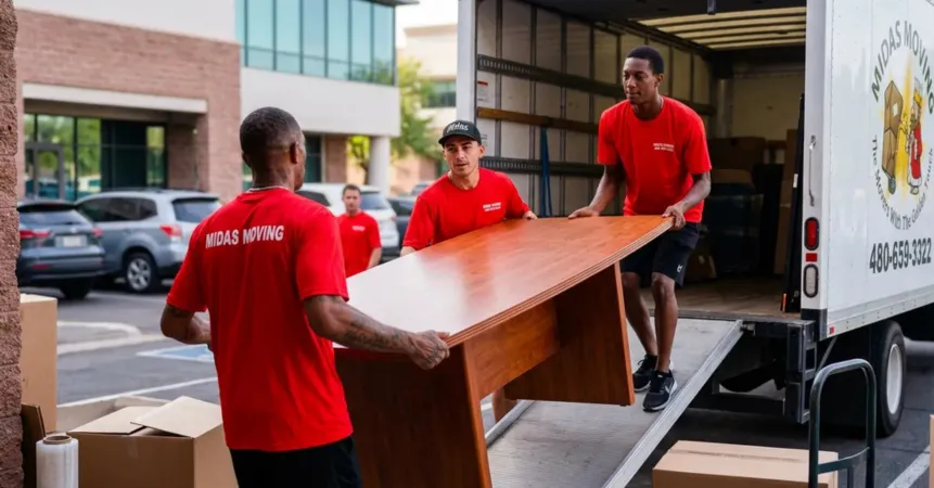 Midas Moving crew carrying a wooden desk toward a moving truck