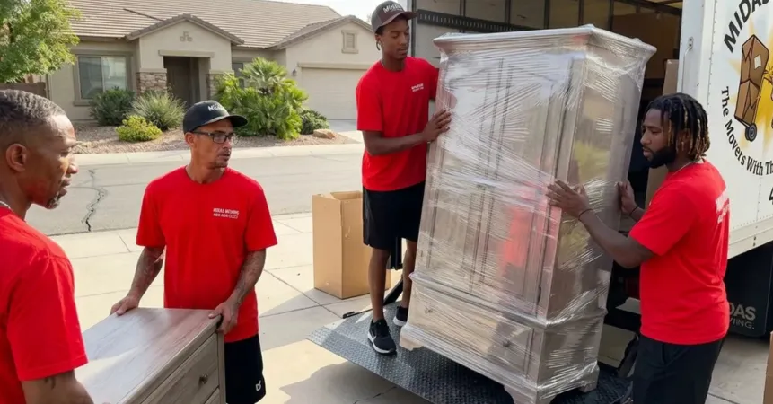 Midas Moving crew loading a large wrapped furniture item into a truck