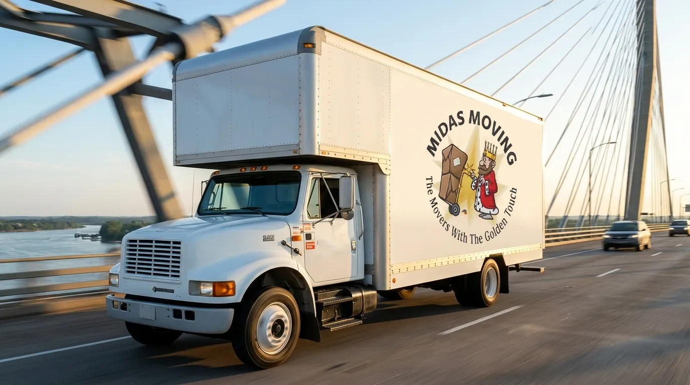 Midas Moving box truck driving across a highway bridge on a long-distance move